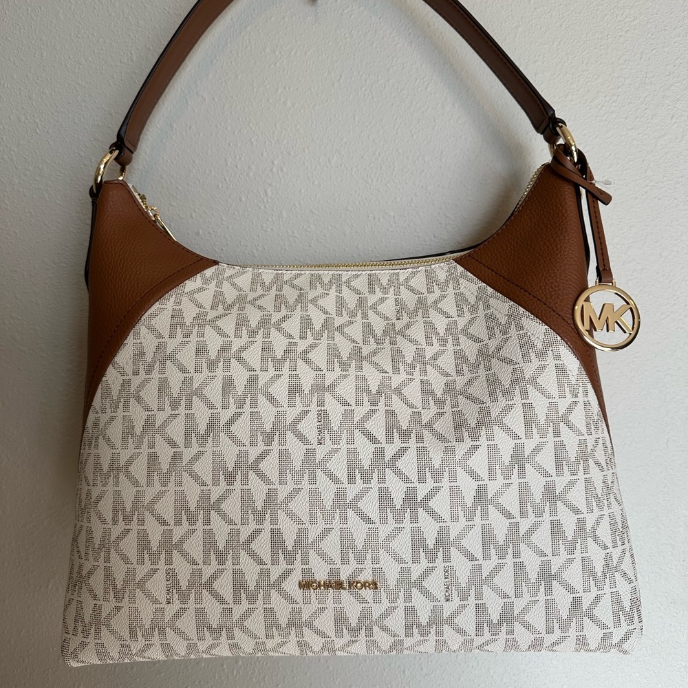 Michael Kors Brown and White Shoulder Bag with Monogram Design